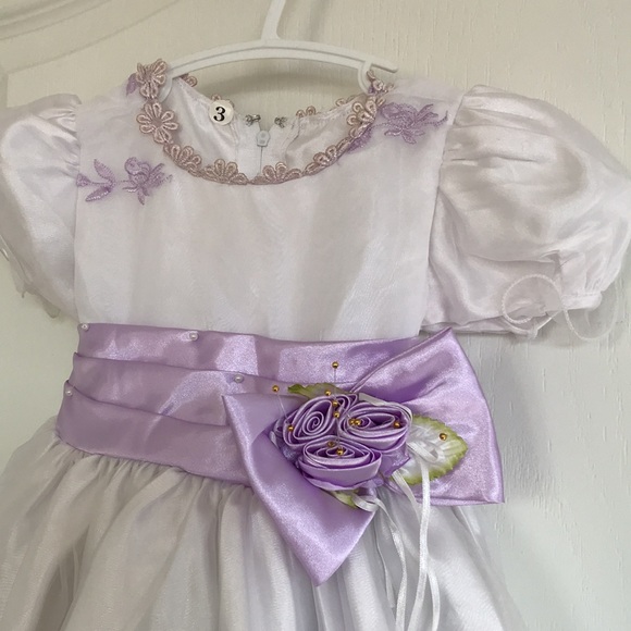 Girl's Fancy White Short Sleeve Dress with Purple Satin Ribbon Trim - Picture 2 of 4